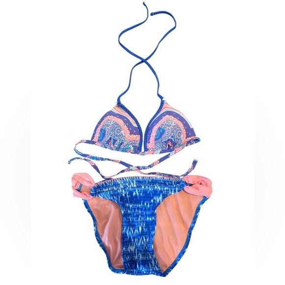 Arizona Jean Co. Blue Pink Paisley Triangle Bikini Set Women’s Size Small - Picture 1 of 9